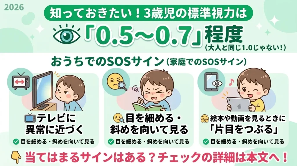 3歳児の標準視力（0.5〜0.7程度）の目安と、おうちで見逃したくない子どものSOSサイン（テレビに異常に近づく、目を細める・斜めを向いて見る、絵本や動画を見るときに片目をつぶる）を解説した図解イラスト。