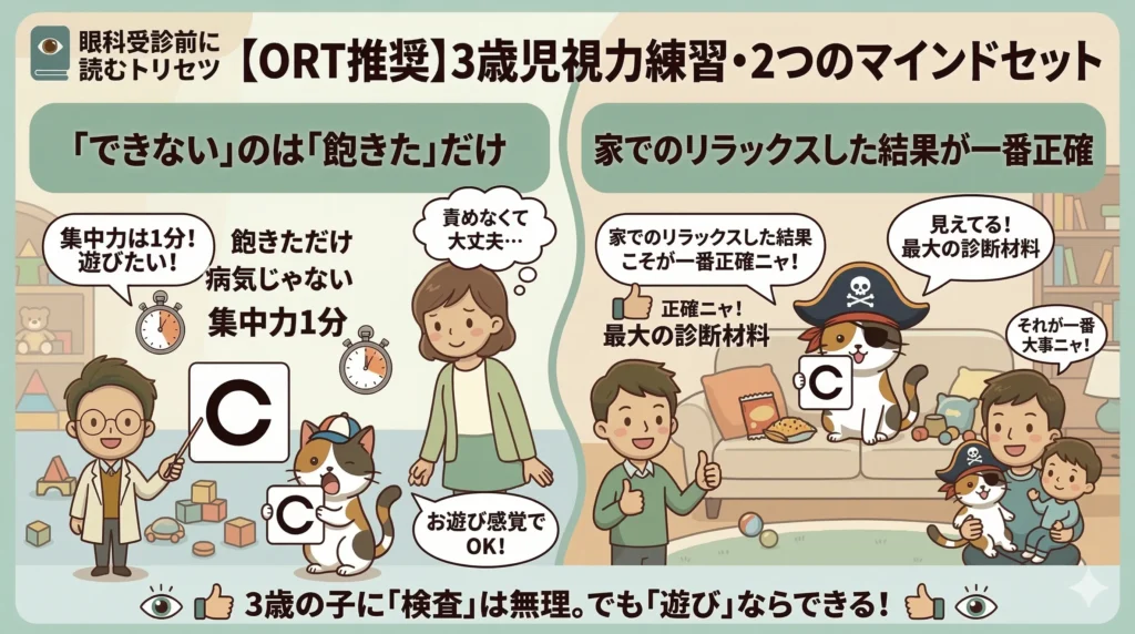 3歳児健診の視力検査練習における「集中力は1分」「家でのリラックスが大事」という2つのマインドセットを、視能訓練士のめとりと猫のまっしゅが解説するインフォグラフィック画像。