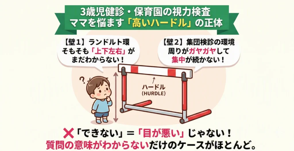 3歳児健診や保育園の視力検査で引っかかる2つの原因（ランドルト環のルールが難しい、集団検診の環境で集中が続かない）を高いハードルに例えて解説する図解イラスト。