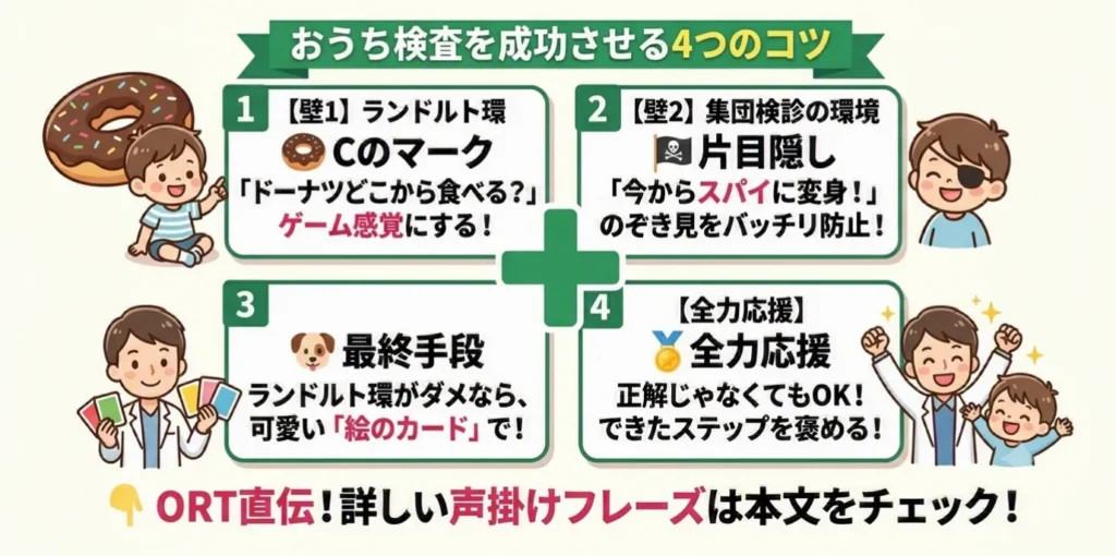 3歳児のおうちでの視力検査を成功させる4つのコツ（Cのマークをドーナツに見立てる、片目隠しをスパイに見立てる、絵のカードを使う、できたステップを全力で褒める）をまとめた図解イラスト。
