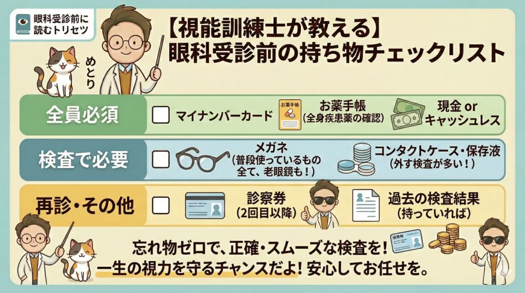 視能訓練士が教える眼科受診前の持ち物チェックリスト図解。
「全員必須(マイナンバーカード、お薬手帳、現金orキャッシュレス)」、「検査で必要(メガネ、コンタクトケース・保存液)」、「再診・その他(診察券、過去の検査結果)」の3つのカテゴリーをアイコン付きで解説。
視能訓練士めとりと三毛猫のまっしゅが「忘れ物ゼロで、正確・スムーズな検査を!」と伝えている。
