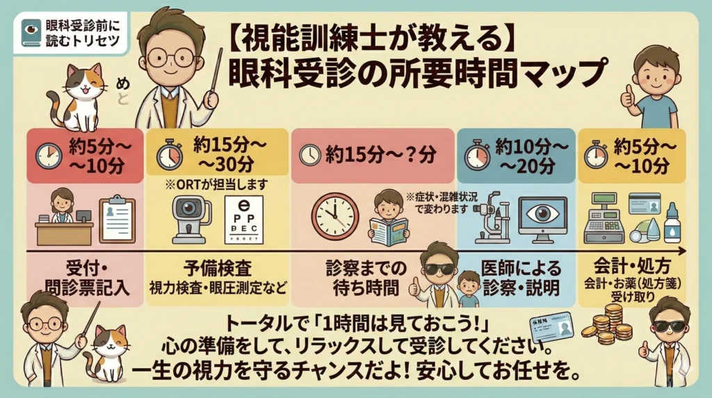 視能訓練士が教える「眼科受診の所要時間マップ」の図解。受付から会計までの5つのステップと目安時間をタイムライン形式で解説。
「受付・問診（5〜10分）」、「予備検査（15〜30分）」、「診察までの待ち時間（15分〜）」、「医師の診察（10〜20分）」、「会計・処方（5〜10分）」の流れを示し、トータルで「1時間は見ておこう！」と伝えている。
視能訓練士めとりと三毛猫のまっしゅが、受診の流れを分かりやすくガイドしているイラスト