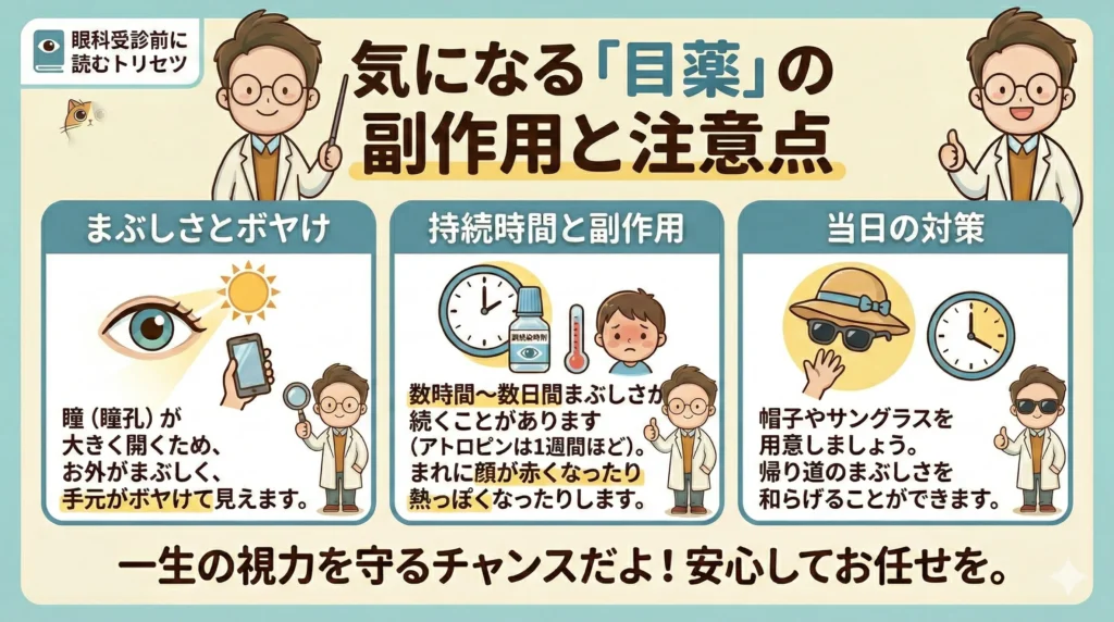 「視能訓練士めとりが解説! 3歳児健診の精密検査で使う目薬の副作用(まぶしさ、ボヤけ、持続時間)と当日の対策(帽子、サングラス)」