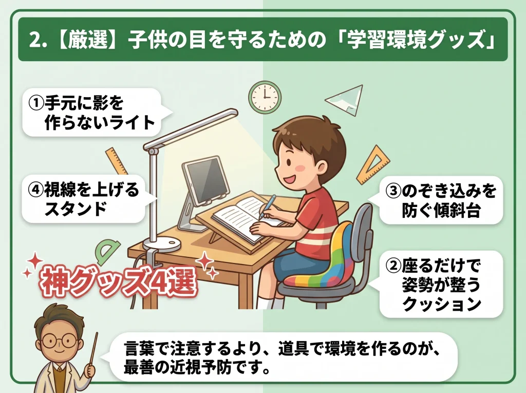 【理想の学習環境図解】子どもの目を守る4つの神グッズ（デスクライト・姿勢サポートクッション・傾斜台・スタンド）を揃えた学習デスクと正しい姿勢の子供のイラスト