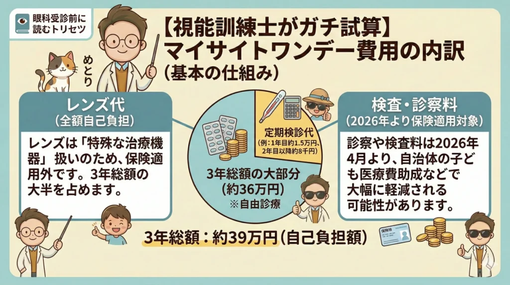 視能訓練士が試算したマイサイトワンデー3年間の費用内訳図解。円グラフを用いて、費用の大部分を占める「レンズ代（約36万円・全額自己負担）」と、2026年から保険適用対象となる「検査・診察料（1年目約1.5万円、2年目以降約8千円）」の比率を可視化。3年間の自己負担総額は約39万円になることを、キャラクターの視能訓練士めとりが解説している。