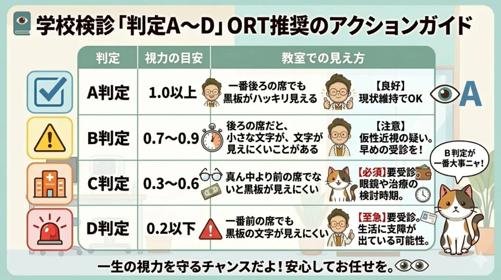 学校検診の視力判定A・B・C・Dの見方と、受診すべきタイミングの解説図解