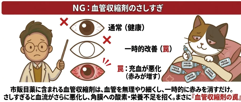 市販目薬のさしすぎによる「血管収縮剤の罠」を解説した図解。一時的に赤みが消えても（罠）、使い続けることでさらに充血が悪化し、角膜が酸素・栄養不足に陥る仕組みを、3段階の目の変化とイラストで分かりやすく示しています。10年後の目を守るための注意喚起。