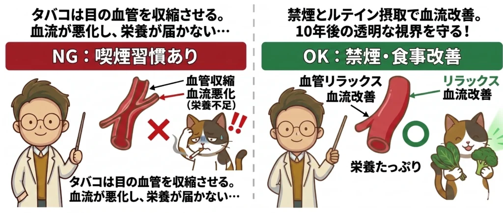 喫煙が目の健康に与える影響を、視能訓練士（ORT）が解説したインフォグラフィック。左右に分割され、同じ男性ORTが説明している。

上部タイトル:
左: タバコは目の血管を収縮させる。血流が悪化し、栄養が届かない…
右: 禁煙とルテイン摂取で血流改善。10年後の透明な視界を守る！

左側（NG：喫煙習慣あり）:
赤いバナー: NG：喫煙習慣あり
イラスト: ORT、タバコを吸う辛そうな猫、赤い「×」マーク。
眼球断面図とテキスト呼び出し: 血管収縮、血流悪化（栄養不足）、コリ。
下部テキスト: タバコは目の血管を収縮させる。血流が悪化し、栄養が届かない…

右側（OK：禁煙・食事改善）:
緑のバナー: OK：禁煙・食事改善
イラスト: ORT、ほうれん草とブロッコリーを抱えた笑顔の猫、緑の「◯」マーク。
眼球断面図とテキスト呼び出し: 血管リラックス、血流改善、栄養たっぷり、リラックス。

10年後の透明な視界を守るための黄金習慣。