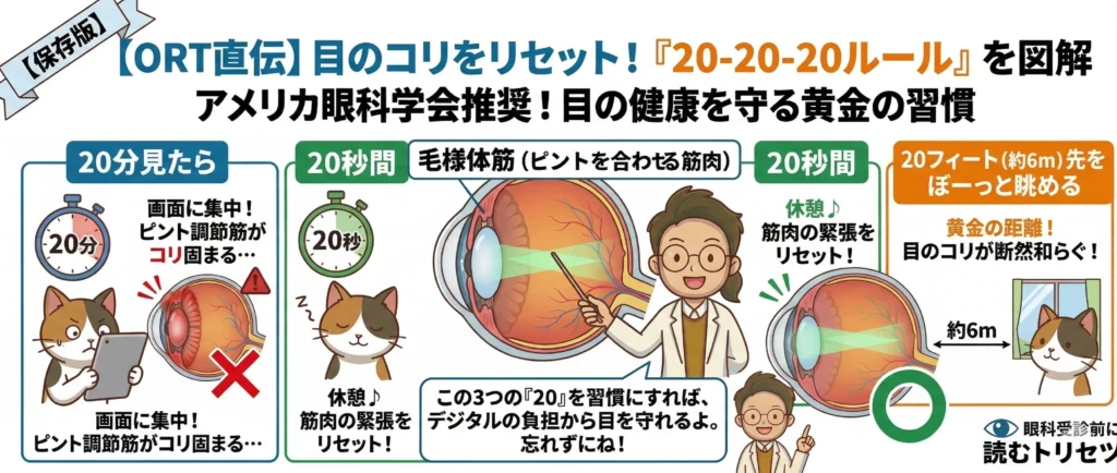 子どもの目の疲れをリセットする「20-20-20ルール」の図解。20分おきの休憩と遠くを見る習慣で近視進行のブレーキをかける方法。