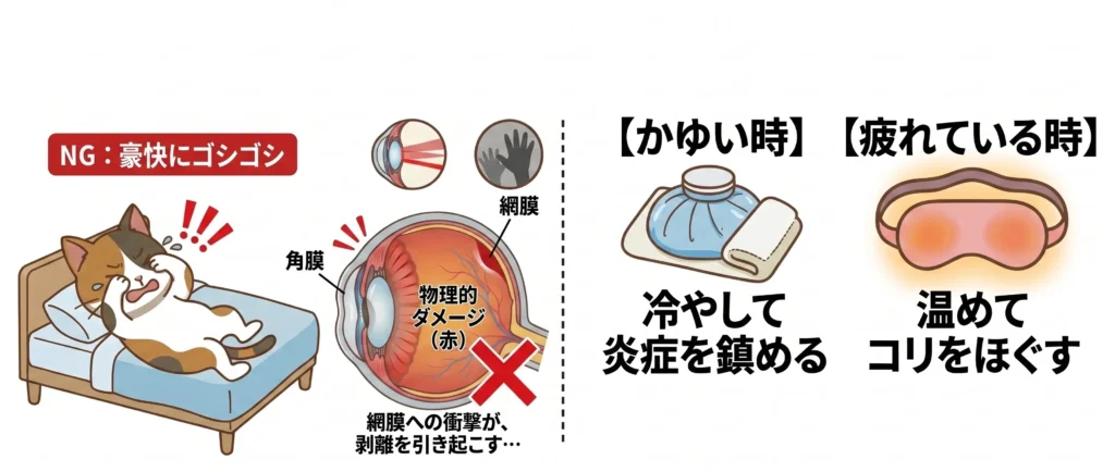 目をこするNG行為による網膜剥離・円錐角膜のリスクと、原因別の正しい対処法（かゆい時は冷やす、疲れた時は温める）を比較した図解。視能訓練士（ORT）推奨の目のケア。