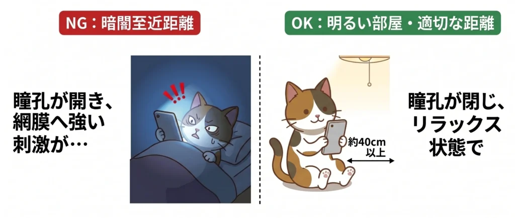 暗い場所でのスマホ使用（NG：瞳孔が開き網膜ダメージ）と、明るい部屋で適切な距離を保つ使用法（OK：リラックス状態）を比較した図解。10年後の視力を守るための環境作り。