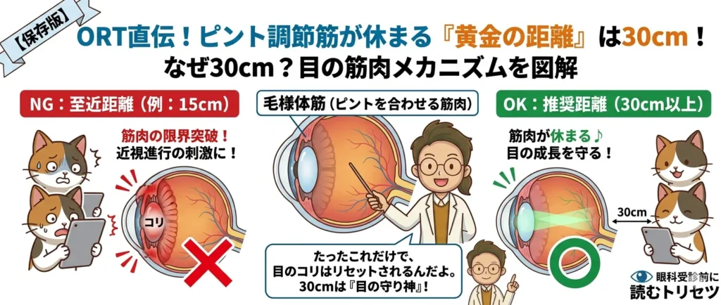 子どもの視力低下を防ぐ「30cmの距離」と毛様体筋(ピント調節筋)の仕組みを図解。14年目の視能訓練士(ORT)が解説する近視対策の基本。