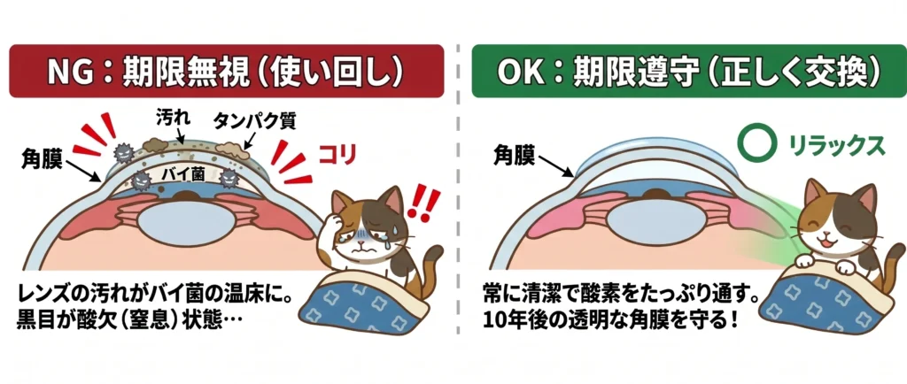 コンタクトレンズの使用期限を守る重要性を、NG例（期限無視・使い回し）とOK例（期限遵守・正しく交換）で視覚的に比較した図解。左のNG例は、汚れたレンズと目の「コリ」「酸欠（窒息）」状態を辛そうな猫で示し、右のOK例は、清潔なレンズと「リラックス」状態を笑顔の猫で示しています。10年後の透明な角膜を守るための、ORT推奨の黄金習慣。
