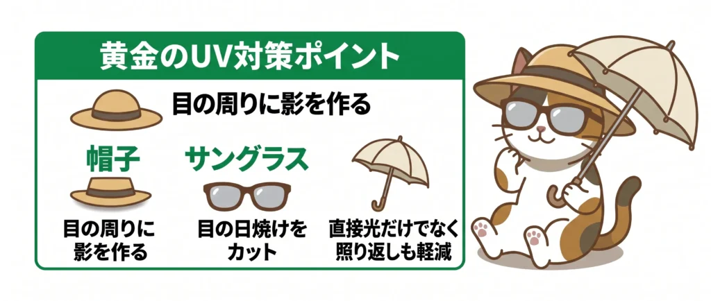 黄金のUV対策ポイントを図解。目の日焼けをカットする帽子、サングラス、日傘の効果と正しい使い方。10年後の目を守る、ORT推奨の「目の老化をストップ」させる黄金のUV対策。