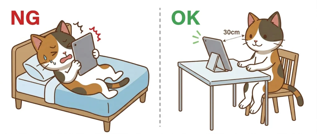 子どもが寝転がってタブレットを見るNG姿勢と、正しい姿勢の比較図。左右の視力差(不同視)を防ぐための物理的な対策。