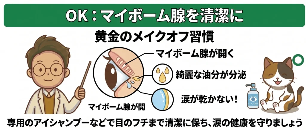 視能訓練士（ORT）が教える「黄金のメイクオフ習慣」の図解。専用のアイシャンプー等でマイボーム腺（目のフチの油の穴）を清潔に保つことで、綺麗な油分が分泌され、ドライアイを防いで涙の健康を守る仕組みを解説。