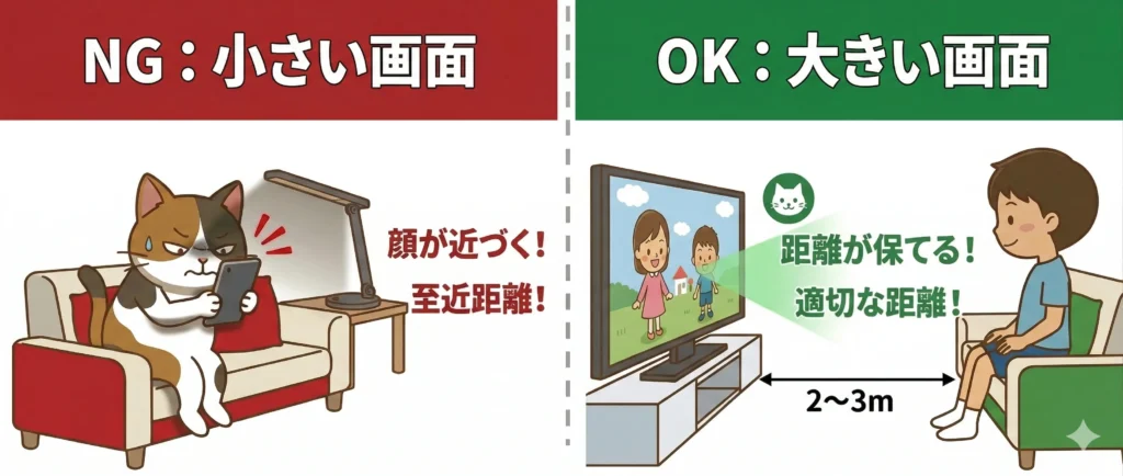 スマホ(至近距離)と大型テレビ(2〜3mの適切な距離)の比較図。画面サイズを大きくすることで物理的に視力を守る方法。