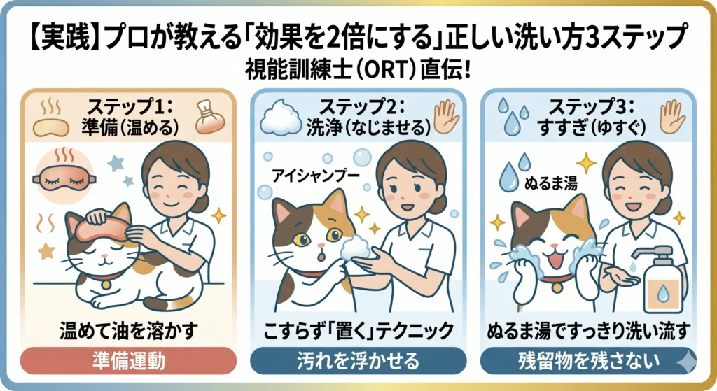 視能訓練士が教える正しいアイシャンプーの3ステップを、猫のキャラクター「まっしゅ」と共に解説する図解。「温める（油を溶かす）」「なじませる（汚れを浮かせる）」「すすぐ（残留物を残さない）」という、効果を2倍にするプロの洗い方を、猫と視能訓練士の実演イラストでわかりやすく紹介した画像。