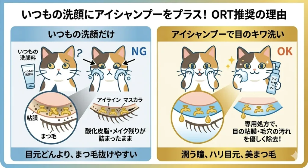 いつもの洗顔だけ（NG）とアイシャンプーをプラス（OK）した場合の目元の比較図解。左側はメイク残りによる目元のくすみや、まつ毛が細くなる「老け見え」の状態。右側は専用処方での洗浄による透明感アップや美まつ毛・ハリUPの効果。三毛猫「まっしゅ」の困った顔と幸せな顔で比較。