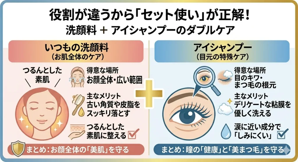 洗顔料とアイシャンプーの役割分担を説明する比較図。「お顔全体の美肌を守る洗顔料」と「瞳の健康と美まつ毛を守るアイシャンプー」を組み合わせるダブルケアのメリットを解説。洗顔料は古い角質や皮脂を落とし、アイシャンプーは目のキワやまつ毛の根元の汚れを優しく落とすという、それぞれの得意分野を示した画像。