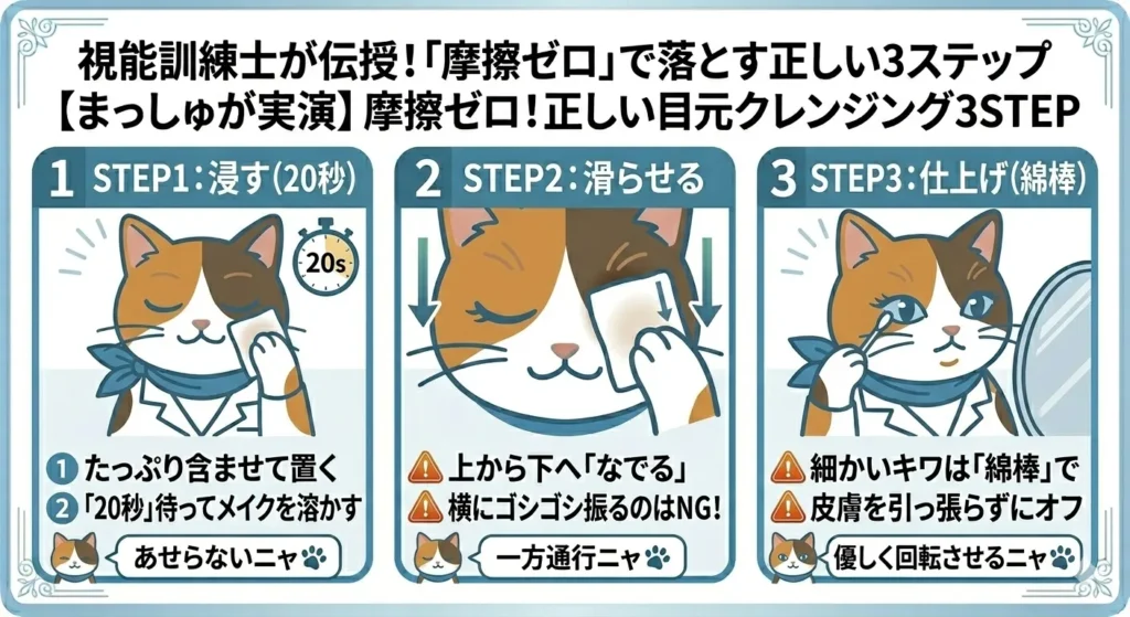 三毛猫の「まっしゅ」が実演する「摩擦ゼロ」目元クレンジング3ステップ図解。STEP1：たっぷり含ませて20秒置く（あせらないニャ🐾）、STEP2：上から下へ一方通行でなでる（ゴシゴシ厳禁ニャ🐾）、STEP3：細かいキワは綿棒で優しくオフ（優しく回転させるニャ🐾）。視能訓練士が推奨する正しいメイクの落とし方をわかりやすくまとめた画像。