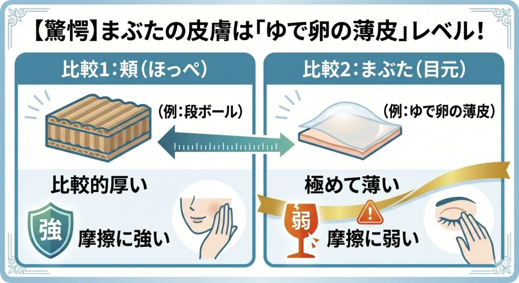 まぶたの皮膚の薄さを、頬（ほっぺ）と比較して解説した図解。頬を「段ボール（比較的厚く、摩擦に強い）」、まぶたを「ゆで卵の薄皮（極めて薄く、摩擦に弱い）」に例え、目元のデリケートさをイラストで分かりやすく対比させた画像。