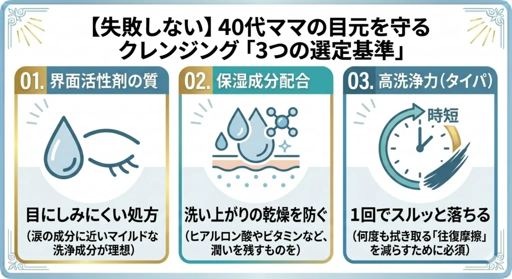 0代ママの目元を守るクレンジング選びの「3つの選定基準」を解説したインフォグラフィック。01. 界面活性剤の質（目にしみにくい処方）、02. 保湿成分配合（洗い上がりの乾燥を防ぐ）、03. 高洗浄力（タイパ・往復摩擦を減らす）の3点を、洗練されたアイコンと医学的根拠に基づいた解説でわかりやすく整理した図解。