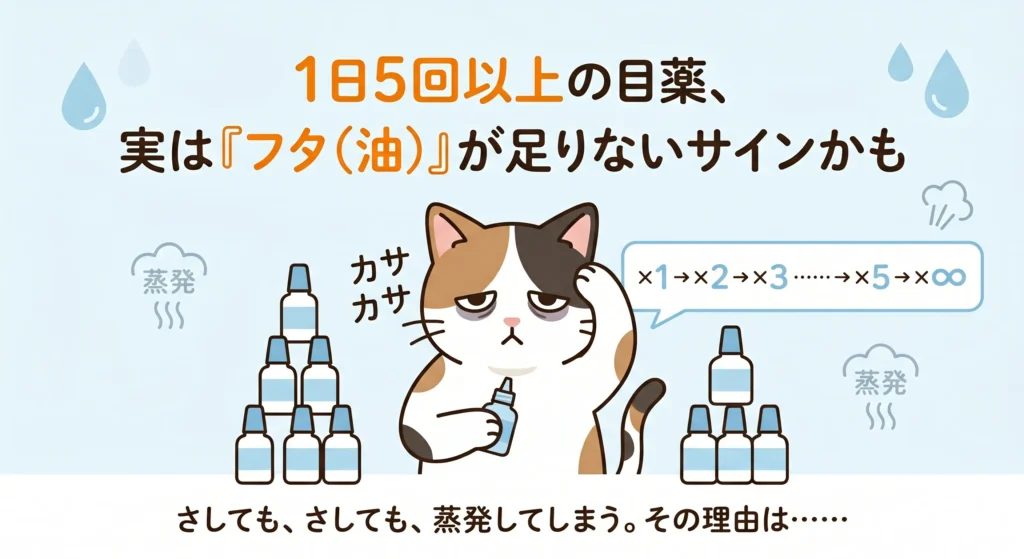 「1日5回以上の目薬、実は『フタ（油）』が足りないサインかも」というキャッチコピーと、大量の目薬を前に目が乾いて困っている三毛猫「まっしゅ」のイラスト。目薬をさしても水分が蒸発してしまうドライアイの悪循環を表現した図解。