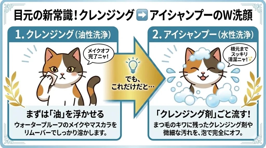 三毛猫の「まっしゅ」が実演する目元のW洗顔プロセス図解。「1. クレンジング（油性洗浄）」でまずはメイクの油分を浮かせるステップから、大きな矢印「でも、これだけだと…」を経て、「2. アイシャンプー（水性洗浄）」でキワに残ったクレンジング剤ごと泡で完全に洗い流すステップへの移行を一目でわかりやすく示した画像。