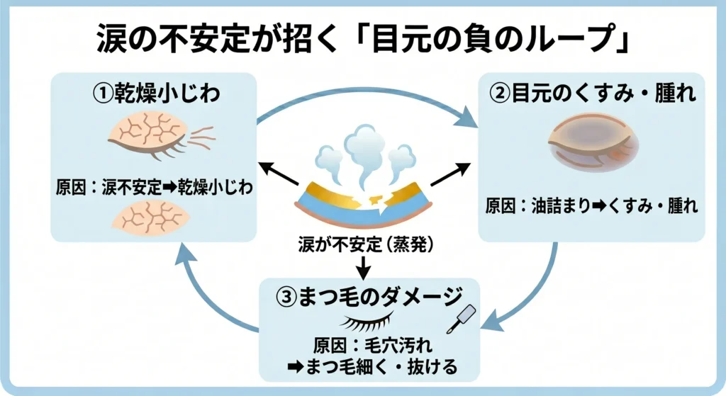涙の不安定さが招く「目元の負のループ」の図解。涙の蒸発をきっかけに、①乾燥小じわ、②目元のくすみ・腫れ、③まつ毛のダメージが次々と引き起こされる悪循環をシンプルに説明した画像。
