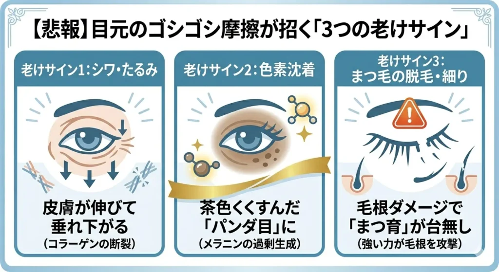 目元のゴシゴシ摩擦が招く「3つの老けサイン」を解説した図解。1. シワ・たるみ（皮膚が伸びて垂れ下がる）、2. 色素沈着（茶色くくすんだパンダ目）、3. まつ毛の脱毛・細り（毛根ダメージ）の3つのリスクを、それぞれの目元イラスト付きで簡潔に整理した画像。