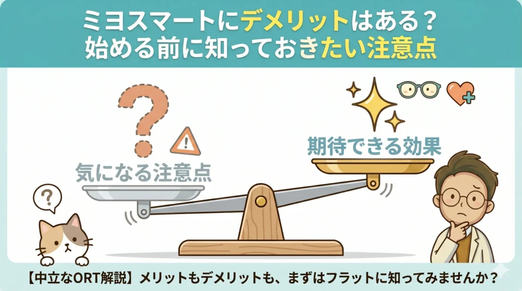 子どもの近視抑制メガネ「ミヨスマート」のメリットとデメリットが天秤にかかっており、左右が完全に水平にバランスを保っている図解。左側の皿には「気になる注意点」と「？」の大きなアイコン、右側の皿には「期待できる効果」と「✨」の大きなアイコンが書かれている。右下には考え込む表情の男性視能訓練士（ORT）、左下には不安そうな表情で天秤を見上げる三毛猫のイラストが描かれている。