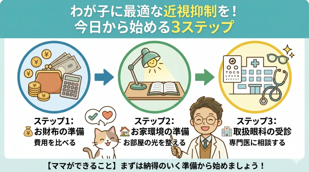 子どもの近視抑制を始めるための3ステップロードマップ。左から右へ矢印で繋がれた3つの円の中に、ステップ1「💰 お財布の準備（費用を比べる）」、ステップ2「🏠 お家環境の準備（お部屋の光を整える）」、ステップ3「🏥 取扱眼科の受診（専門医に相談する）」のアイコンとテキストが描かれている。下部には笑顔の男性視能訓練士（ORT）と三毛猫のイラストがあり、「【ママができること】まずは納得のいく準備から始めましょう！」というメッセージが添えられている。