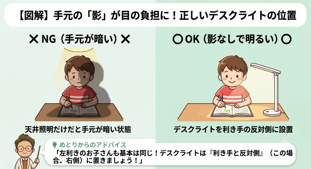 【図解】手元の影が目の負担に！正しいデスクライトの位置（利き手の反対側に設置）を解説したORT監修イラスト