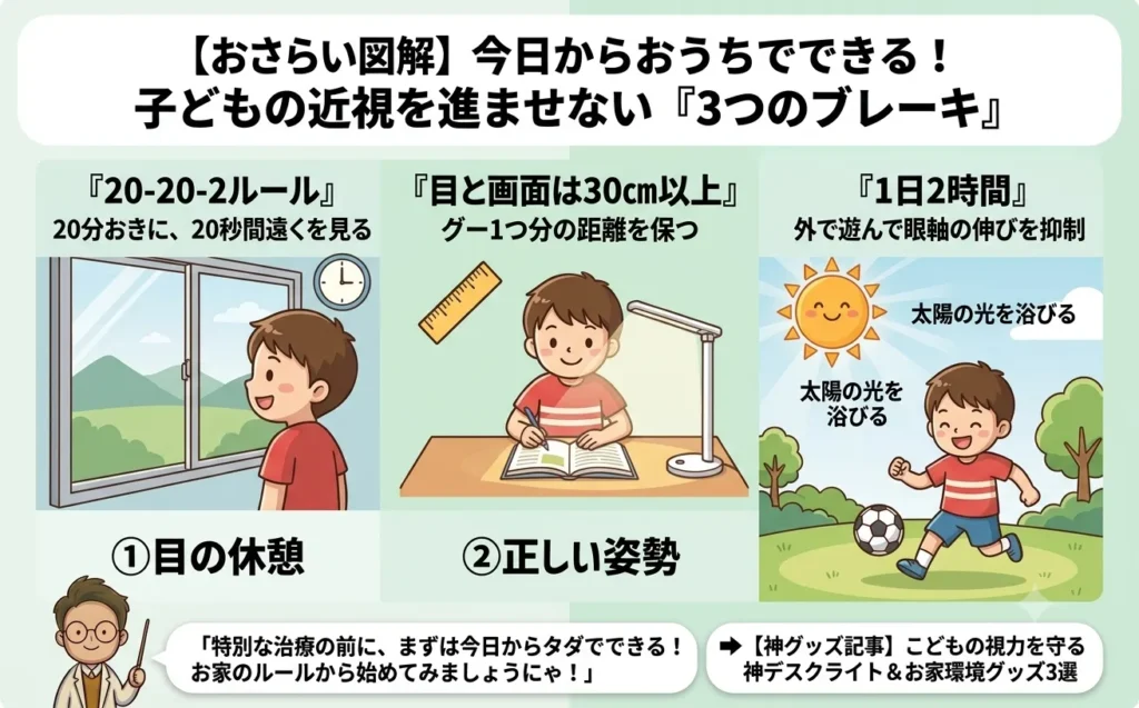 【図解】子どもの近視進行を防ぐ3つの日常対策（目の休憩・正しい姿勢・太陽光）